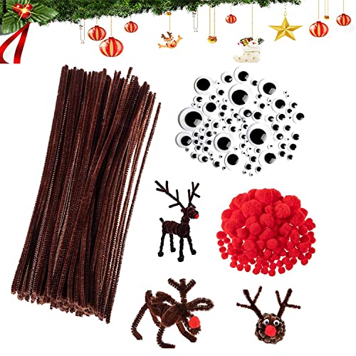 500 Stück Pfeifenreiniger Basteln Set, Braune Pfeifenreiniger Mit Selbstklebend Bastelaugen Rote Pom Poms,für Kinder Weihnachten Handwerk DIY und Dekorieren von DONGSZQ