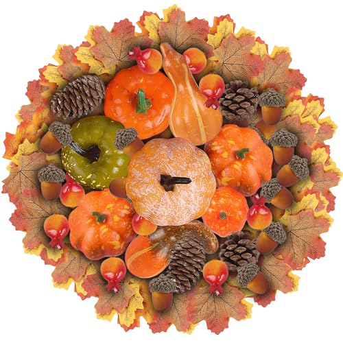 Künstliche Kürbisse Deko, 96 Stück Künstliche Kürbisse Set, Mini Kürbisse Eicheln Kunstgemüse Simulationskürbis Seidenahornblatt Tannenzapfen, Für Deko Halloween Thanksgiving Herbstdekorationen von DONGSZQ