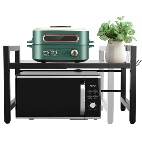 DONJIM Erweiterbares Mikrowellen Regal, 2-stufiges Küchenregal Stehend mit 6 Haken, Flexibel Ausziehbar Mikrowellenregal 40-63cm, Mikrowellenhalter Organizer Microwave Shelf (Schwarz) von DONJIM