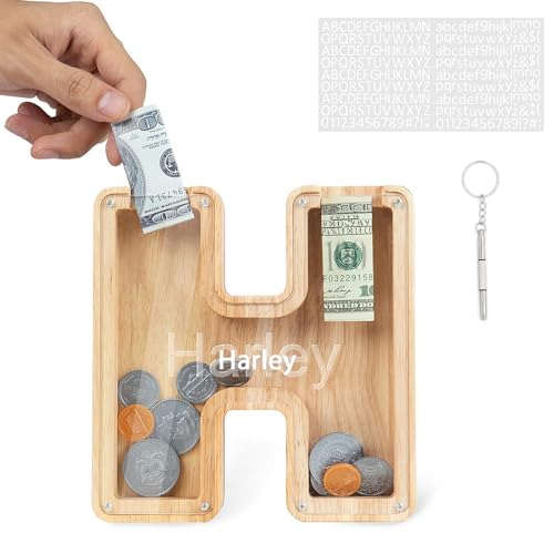 DONJIM Personalized Wooden Money Box for Kids, 7" Letter Piggy Bank, Clear Money Gift Box, Detachable Money Jar, with DIY Alphabet Stickers and Screwdriver, Alphabet H Money Tin von DONJIM