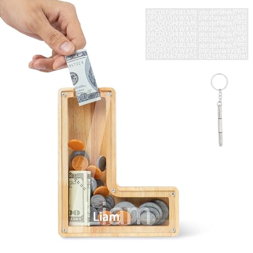 DONJIM Personalized Wooden Money Box for Kids, 7" Letter Piggy Bank, Clear Money Gift Box, Detachable Money Jar, with DIY Alphabet Stickers and Screwdriver, Alphabet L Money Tin DONJIM Personalized Wooden Money Box for Kids, 7" Letter Piggy Bank, Clear Money Gift Box, Detachable Money Jar, with DIY Alphabet Stickers and Screwdriver, Alphabet L Money Tin von DONJIM