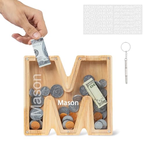 DONJIM Personalized Wooden Money Box for Kids, 7" Letter Piggy Bank, Clear Money Gift Box, Detachable Money Jar, with DIY Alphabet Stickers and Screwdriver, Alphabet M Money Tin von DONJIM