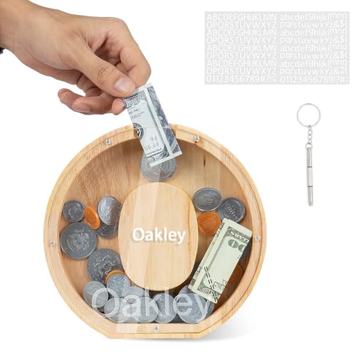 DONJIM Personalized Wooden Money Box for Kids, 7" Letter Piggy Bank, Clear Money Gift Box, Detachable Money Jar, with DIY Alphabet Stickers and Screwdriver, Alphabet O Money Tin von DONJIM
