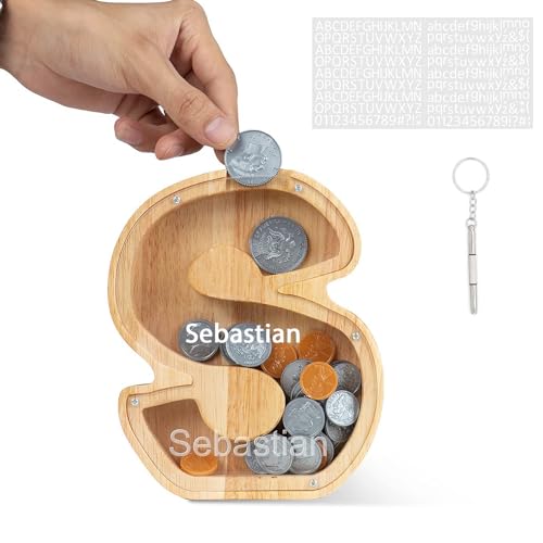 DONJIM Personalized Wooden Money Box for Kids, 7" Letter Piggy Bank, Clear Money Gift Box, Detachable Money Jar, with DIY Alphabet Stickers and Screwdriver, Alphabet S Money Tin von DONJIM