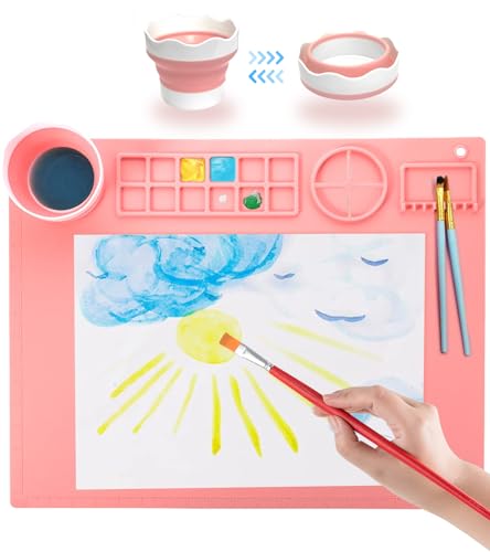 DONJIM Silikon Malunterlage für Kinder Abwaschbar, Malmatte zum Basteln, Bastelmatte für DIY-Projekte, Silikon Malmatte mit Abnehmbare Tasse - 50 x 40 cm, Rosa von DONJIM