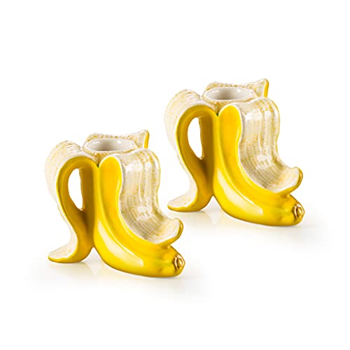 DONKEY Products Banana Romance Kerzenhalter 2er Set in der Farbe Gelb aus Dolomit Keramik, 7x8,5x7cm, 210735 von DONKEY