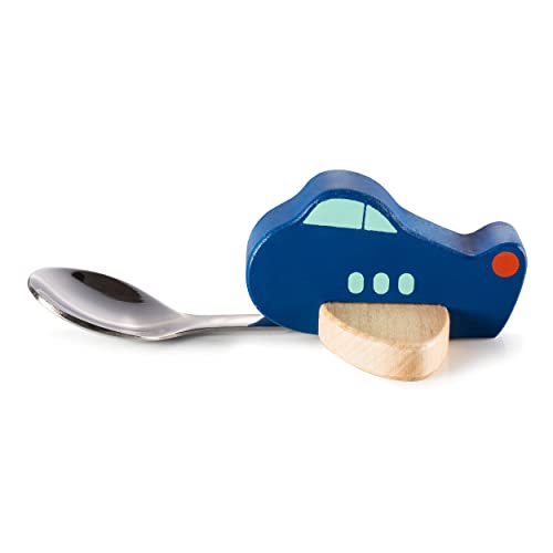 Donkey Products Kids Spoon Knatter Dark Blue Holzflieger mit fest fixiertem Löffel aus Holz, Edelstahl in der Farbe Blau, Größe: 13x7,3x4 cm, 900123 von DONKEY