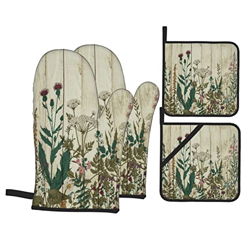 Ofenhandschuhe und Topflappen, 4 Stück, florale Vintage-Kräuter und Wildblumen, botanische, grüne Blätter, bunte Pflanzen, rustikale Holzdiele, Bauernhaus, Set, Topflappen für die Küche von DONMYER