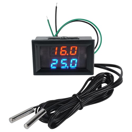 Dual Display LED Digital Thermometer mit Fühler,Wasserdichten Metallsonden DC4-28V Temperatursensor für Aquarium Fischbecken Kühlschrank,Rot&Blau Temperatursensor von DONOONIS