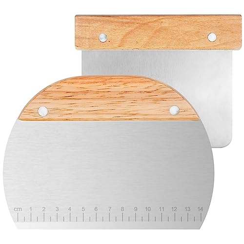 DONQL 2 Stück Teigschaber Edelstahl,Teigschneider mit Holzgriff Dough Scraper in Lebensmittelqualität,Pizzamesser Backzubehör Pastry Cutter (Bogen+Quadrat) von DONQL