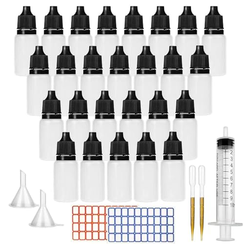 DONQL 26 Stück Augentropfenflasche Tropfflasche Squeezable Dropper Bottles Liquid Behälter Dropper Bottle 10ml Flaschen für Liquid with 2SET Aufkleber, 2Stück Trichter, 2 Reagenzglas und 1 Spritze von DONQL