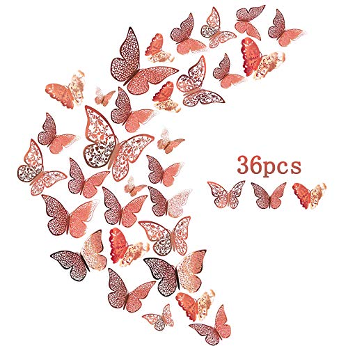 DONQL 36 Stück Wandtattoo Schmetterlinge 3D Schmetterling Dekorationen Aufklebe Deko Schmetterling Wandaufkleber für Wohnung Türen Fenster Badezimmer Dekoration 3 Größen, 3 Formen (Rosegold) von DONQL