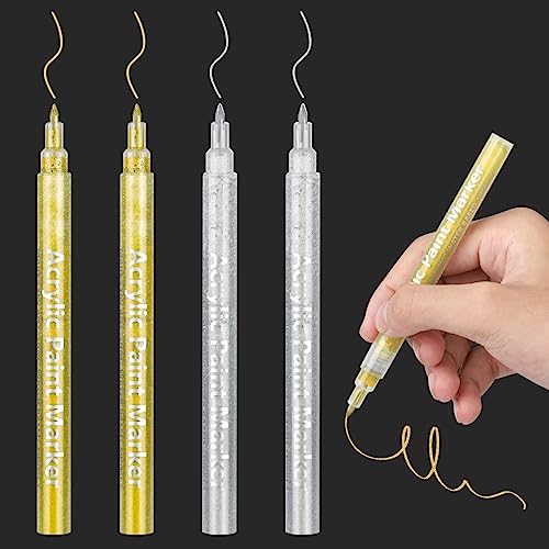 DONQL 4Pcs Acrylstifte Metallic Marker Stifte Set, Glitzer stifte Acrylstifte 0.7mm, Permanente Acrylmarker Stift für Steine, Wasserfest Stifte, Permanent Marker Lackstift Metallic (gold & Silber) von DONQL