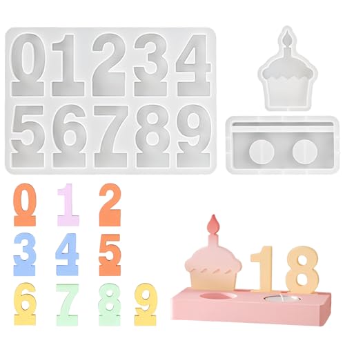 DONQL 3 Silikonform Gießformen Kerzenhalter, Silikonform Zahlen 0-9 + Silikonform Kuchen + Silikonformen Kerzenhalter, Silikon Formen zum Gießen, Geburtstagskerzen Zahlen für Feste Geburtstagsfeiern von DONQL