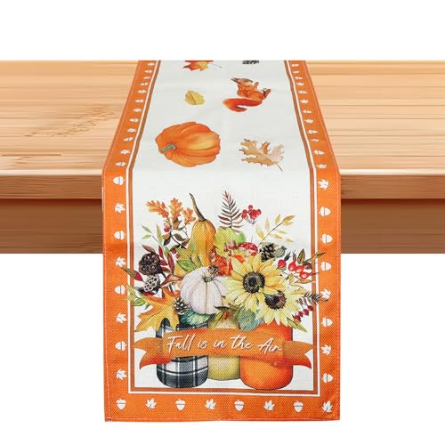 Herbst Tischläufer mit Kürbis und Ahornblättern, Tischläufer Herbstlich, Saisonal Tischdecke für Küche Esstisch Deko, Herbst Tischdeko, Herbstdeko Tischdecken für Drinnen, Erntedankfest Herbstdeko von DONQTWAY