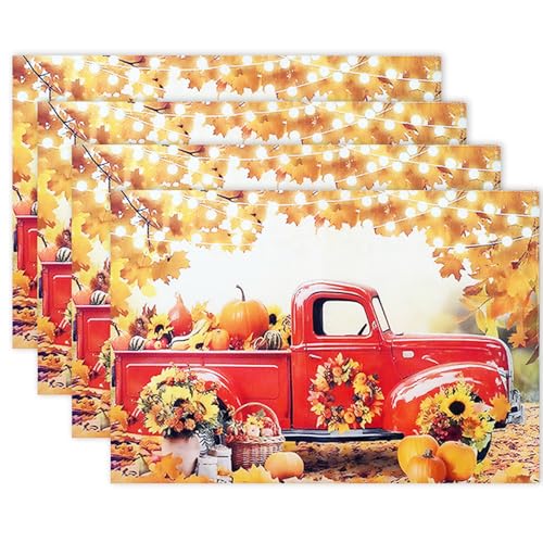 Herbst Tischsets 4er Set, Waschbare Platzsets mit Kürbis und Ahornblättern, Tischsets Platzsets Abwaschbar, Platzdeckchen für Küche Esstisch Deko, Tischunterlage Esstisch, Erntedankfest 30x45cm von DONQTWAY