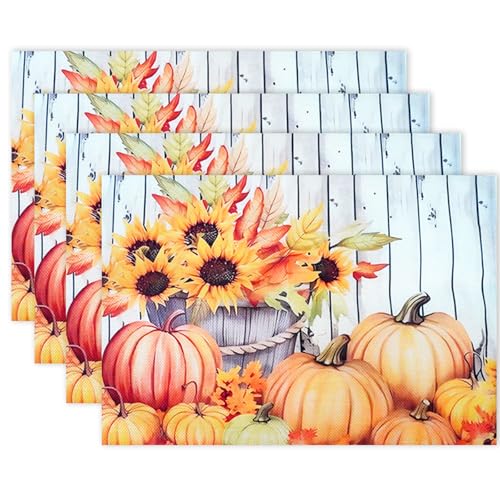 Herbst Tischsets 4er Set, Waschbare Platzsets mit Kürbis und Ahornblättern, Tischsets Platzsets Abwaschbar, Platzdeckchen für Küche Esstisch Deko, Tischunterlage Esstisch, Erntedankfest 30x45cm von DONQTWAY