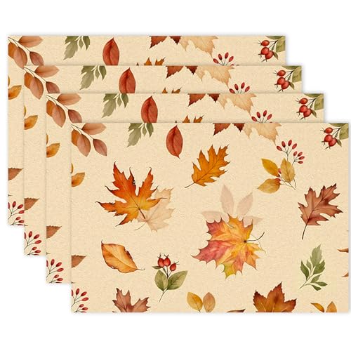Herbst Tischsets 4er Set, Waschbare Platzsets mit Kürbis und Ahornblättern, Tischsets Platzsets Abwaschbar, Platzdeckchen für Küche Esstisch Deko, Tischunterlage Esstisch, Erntedankfest 30x45cm von DONQTWAY