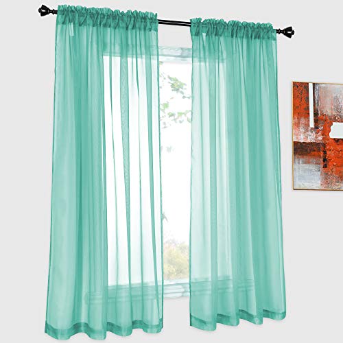 DONREN Transparente türkise Vorhänge 114 cm lang für Küche kleine Fenster Stange Tasche Voile Sheer Fenster Vorhänge für Kinderzimmer 1 Paar Sets 132 x 114 cm von DONREN