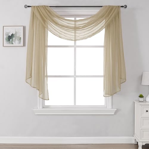 Langer Fensterschal für Party, luxuriös, weich, Hellbraun, halbdurchsichtig, Vorhang, Volant für Hochzeit (1 Panel, Taupe) von DONREN