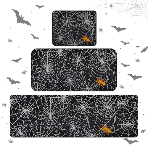 Halloween-Fußmatte mit Spinnennetz, Halloween-Küchenmatte für den Boden, schwarz, weich, rutschfest, Halloween-Teppich, Dekorationen, 3er-Set für Familie Halloween-Fußmatte mit Spinnennetz, Halloween-Küchenmatte für den Boden, schwarz, weich, rutschfest, Halloween-Teppich, Dekorationen, 3er-Set für Familie von DONYUDE