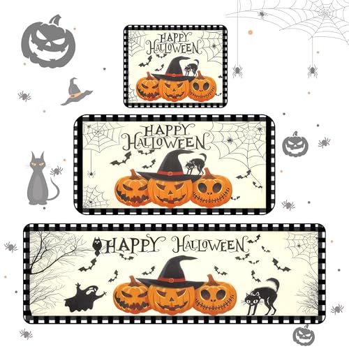 Halloween-Küchenmatten für den Boden, Halloween-Teppich mit Kürbis-Geist, Spinnennetz, rutschfest, weich, Anti-Ermüdungs-Matten für Küche, Boden für Familie, 3 Stück Halloween-Küchenmatten für den Boden, Halloween-Teppich mit Kürbis-Geist, Spinnennetz, rutschfest, weich, Anti-Ermüdungs-Matten für Küche, Boden für Familie, 3 Stück von DONYUDE
