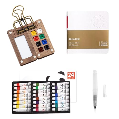 Mini Aquarell Travel Set, Pocket Artist Watercolour Travel Set, Portable 8 Grids Watercolour Palette with Sketchbook, Metal Clip, Watercolor Pen (24 Colors) von DOOCECIY