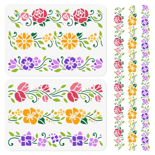 2 x Blumenranken Schablone Zum Malen. 29.7 x 21cm Wiederverwendbare Zeichenschablonen Aus Kunststoff Blumenmuster DIY Handwerk Farbe Vorlagen Wand Home Decor Holz Brennen Karte Leinwand Journa von DOODLREAM