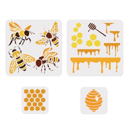 4 Stück Bienenwaben Wandschablonen Vorlagen Wiederverwendbare Kunststoffschablonen Zum Malen Auf Holz Wänden Böden Stoffen Glasmöbeln DIY Heimdekor Schablonen Bastel Zeichenschablonen von DOODLREAM
