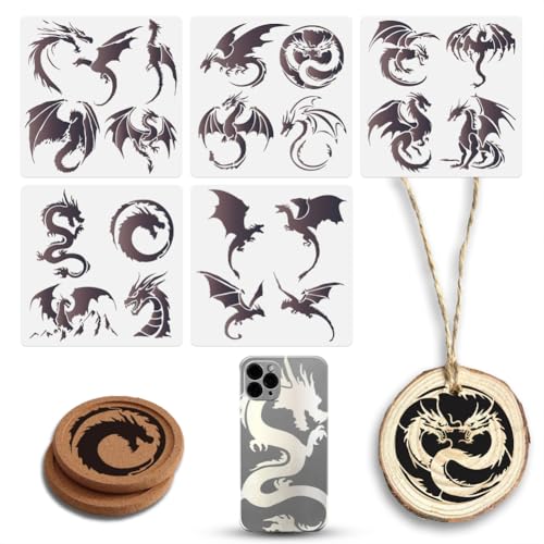 5 Packung Drachen Bastelschablonen 30 x 30cm Wiederverwendbare Drachen Kunstschablonen Zum Malen Auf Holz Wänden Stoffen Und Möbeln DIY Home Decor Schablone von DOODLREAM