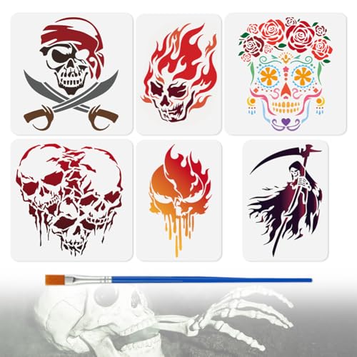 6 x Halloween Schablone Zum Malen. Totenkopf Piraten Schablonen Zeichenvorlagen Mit Pinseln Grim Reaper DIY Handwerk Farbe Vorlagen Für Wand Home Decor Holz Brennen Karte Journal Leinwand Stoff von DOODLREAM