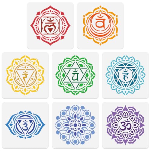 8 x Chakra Yoga Schablone Zum Malen 15 × 15cm Wiederverwendbare Mandala Schablonen Zeichenvorlagen Lotusblume DIY Bastelfarbe Vorlagen Für Wand Home Decor Holz Brennen Leinwand Journal Karte von DOODLREAM