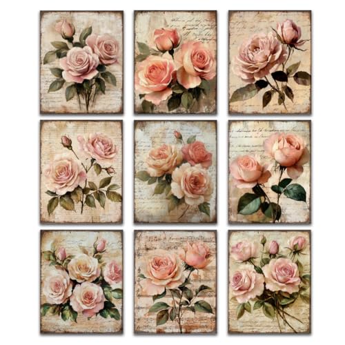 9 Packung Vintage Wandkunst Mit Rosenblumen Ungerahmt Wasserdicht Leinwandbild Wandposter Auf Leinwand Motiv Rosa Rose 20 x 25cm Für Zuhause Büro Badezimmer Bibliothek Schlafzimmer Wohnzimmer von DOODLREAM