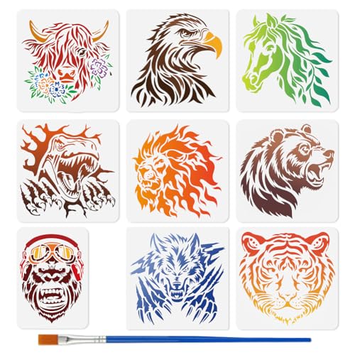 9 Stück Tierschablonen Zum Malen Schablonen Zum Zeichnen von Highland Kuh Adler Pferden Mit Pinseln Dinosaurier Löwe Bär Gorilla Wolf DIY Bastelfarbe Vorlagen Für Wand Home Decor Holzbrennen von DOODLREAM