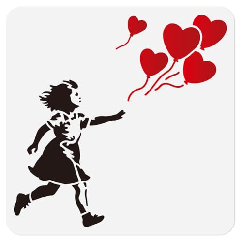 Ballonmädchen Schablone Zum Malen 30 × 30cm Wiederverwendbare Zeichenschablone Für Herzballons Banksy Graffiti DIY Handwerk Farbe Vorlage Für Wand Home Decor Holz Brennen Karte Journal von DOODLREAM