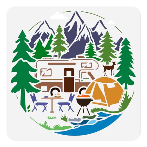 Camping Schablone Bemalen 30 × 30cm Wiederverwendbare RV Schablone Bergbaum Zeichenvorlage Picknick Im Freien DIY Handwerk Farbe Vorlage Wand Home Decor Holz Brennen Karte Journal Leinwand von DOODLREAM