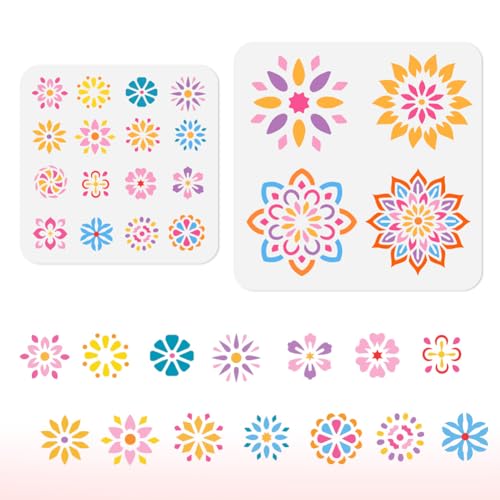 DOODLREAM 2 Mini Mandala Blumenschablone zum Malen Blumenschablone Zeichenvorlage Datura Blumen DIY Bastel Malvorlage für Wand Heimdekoration Holzbrennkarte Tagebuch Leinwand 25 × 25 cm von DOODLREAM