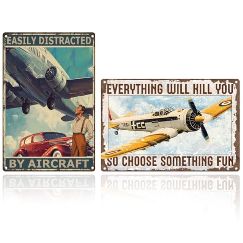 DOODLREAM 2 Stück Flugzeug Retro Wanddekoration Metallblechschild Flugzeug Vintage Wandkunst Poster Zuhause Kaffee Männerhöhle Garage Büro Flugzeug Luftfahrt Enthusiast Militär Fan Dekor von DOODLREAM