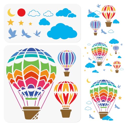 DOODLREAM 2 Stück Heißluftballon Bastelschablonen Wiederverwendbare Schablonen Aus Kunststoff Mit Wolkenmotiv Zum Holzbrennen Malvorlagen Zum Bemalen von Wänden Holz Stoff Leinwand Möbel Fußboden von DOODLREAM