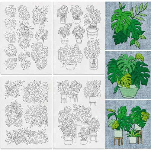 DOODLREAM 26 Stück Monstera Deliciosa Wasserlösliche Handnäh Stabilisatoren 21 x 29.7 cm Stickmuster Stabilisator für Topfpflanzen 4 Blatt Blätter Stick und Stichstickpapier Aufkleber von DOODLREAM