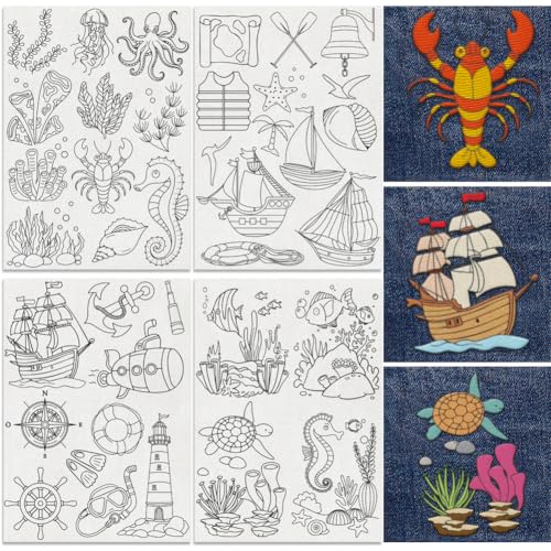38 Stück Stickmuster Stabilisator Mit Ozean Elementen 21 x 29.7cm Großer Löslicher Stick Und Stitch Sticker Mit Meerestieren Seegras Segelboot Wasser Hand Nähen DIY Stickerei Papier von DOODLREAM