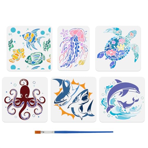 DOODLREAM 6 Stück Meerestier Schablonen Zum Malen Meeresschildkröte Qualle Oktopus Schablone Zeichenvorlagen Pinseln Hai Delfin Fisch DIY Handwerk Farbe Vorlagen Wand Home Decor Holz Brennen von DOODLREAM