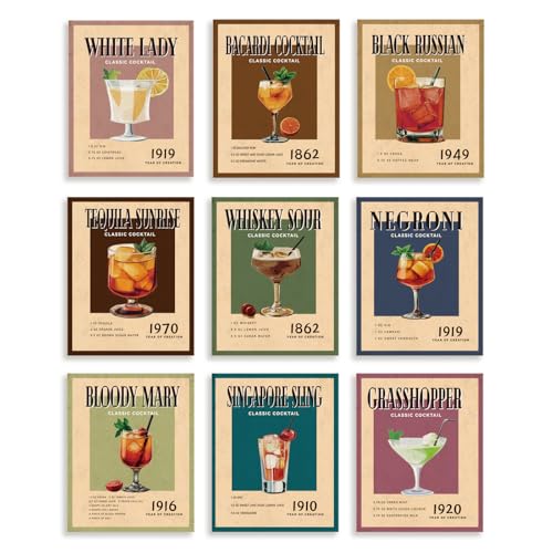 DOODLREAM 9 Packung Ungerahmte Wasserdichte Cocktail Wandkunst Auf Leinwand 20 x 25cm Bar Leinwand Kunstwerk Wandposter Für Zuhause Küche Büro Esszimmer Bar Dekor Geschenk von DOODLREAM