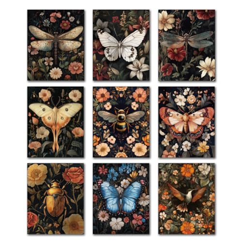 DOODLREAM 9 Packung Ungerahmte Wasserdichte Wandkunst Dekore Auf Leinwand Mit Blumen Und Insekten 20 x 25cm Schmetterling Libelle Biene Kolibri Leinwand Wandposter Für Zuhause Büro von DOODLREAM
