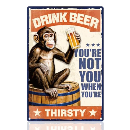 DOODLREAM Blechschild Vintage Monkey Bier Blechschild Trink Bier Du Bist Nicht du Selbst, Wenn du Durstig Bist, Humorvoll Retro BierWandkunst Poster für BarMännerhöhle Cafe Home Wanddeko 20 x 30cm von DOODLREAM