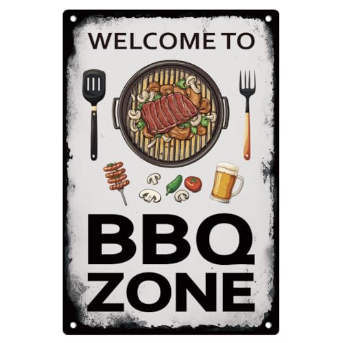 DOODLREAM Blechschild Willkommen bei BBQ Zone Vintage Wanddeko Grill Retro Kunst Poster für Home Küche Restaurant Wanddeko 20 x 30cm von DOODLREAM