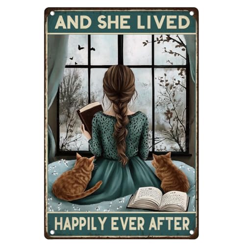 DOODLREAM Dame und Katze Blechschilder And She Lived Happily Ever After Vintage Metall Wanddekoration 20 x 30cm Wandkunst Poster für Zuhause Kaffeezimmer Clubs Badezimmer Dekoration Geschenk von DOODLREAM