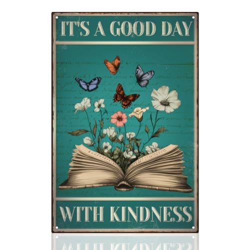 DOODLREAM Metall Blechschild Im Vintage Stil Mit Blumen Und Büchern „It'S A Good Day With Kindness“ Retro Kunstposter Für Zuhause Und Büro Libraby Bücherregal Cafe Bar Wanddekoration 20 x 30cm von DOODLREAM