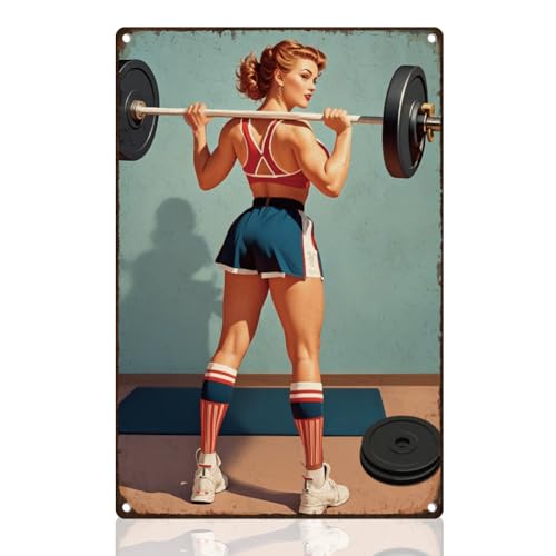 DOODLREAM Motivierendes Blechschild Gewichtheberin für Frauen Blechschilder Retro 20 x 30cm Vintage Fitness Lady Workout Wandkunst Poster für Zuhause Cafés Fitnessstudio Garten Galerie von DOODLREAM