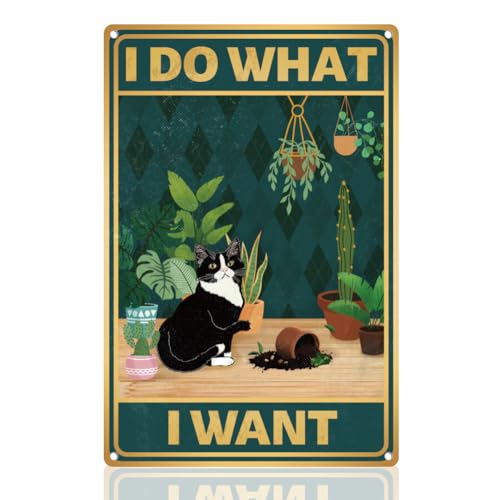 DOODLREAM Niedliches Schild Mit Der Aufschrift Cat Breaks Flowerpot I Do What I Want Wanddekoration Metallblechschild Vintage Wandkunst Poster Zuhause Garten Hinterhof Haustierzimmer Wanddekoration von DOODLREAM